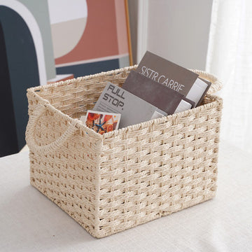 Nordic-style handwoven storage basket for odds and ends, books and cosmetics; desktop organiser with double handles; straw-woven storage basket