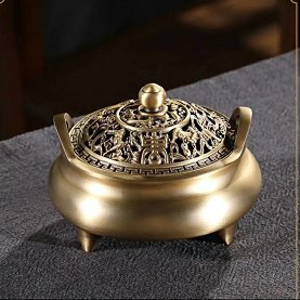 Large Three-Legged Brass Incense Burner with Peony Design