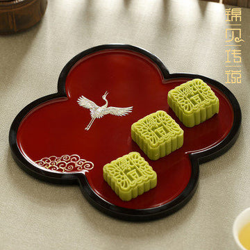 Mother-of-pearl inlaid lacquer tea tray; small, traditional-style solid wood tray for home use
