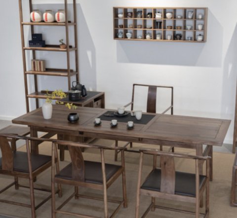 Zen-inspired New Chinese-style Tea Table: Solid Wood Tea Table in Dark Walnut with Black Stone Top, Featuring Mortise-and-Tenon Joinery, for Tea Rooms