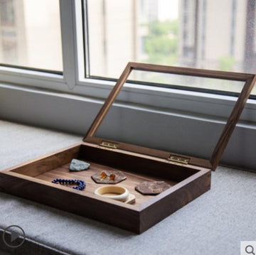 Display Box: North American Premium Black Walnut Glass Transparent Collector's Display Box, Solid Wood with Lid, Jewelry Storage Box