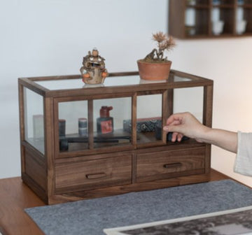 Zen-inspired New Chinese-style Black Walnut Double-Pane Glass Display Cabinet for Collectibles and Tea Sets