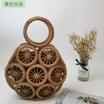Openwork woven straw bags; cute round-handle women’s handbags; custom-made and wholesale; unique handmade rope-woven bags