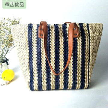 Striped Shoulder Bag – Large Capacity Vertical Rectangular Woven Bag; Crocheted Women’s Straw Bag; Fresh and Whimsical Preppy-Style Bag