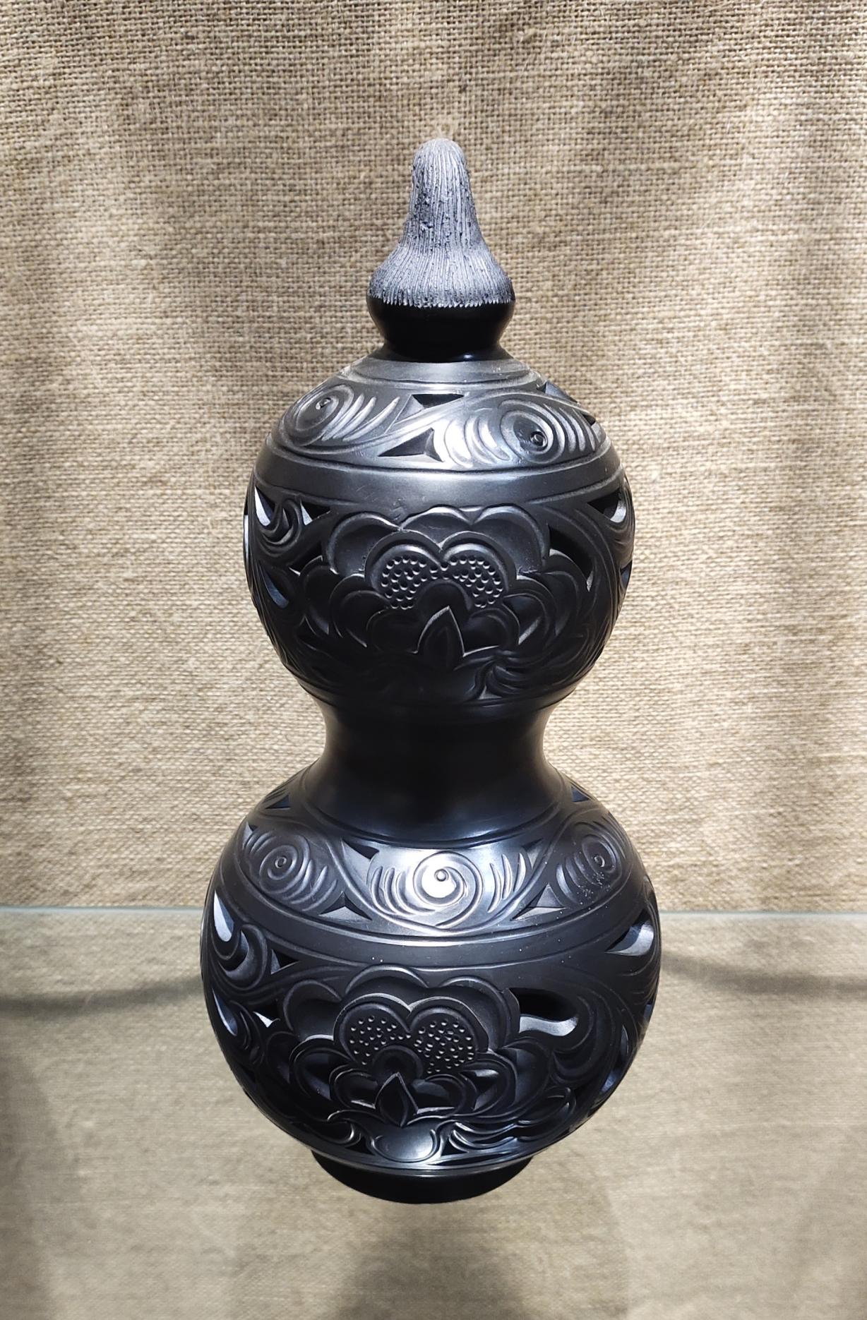 Good Fortune, Prosperity and Peace  Black Pottery  Hand-carved  Wood-fired