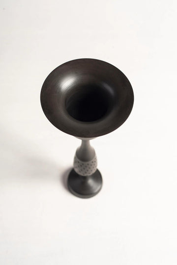 Eggshell-Patterned Black Pottery Cup with a Tall Handle