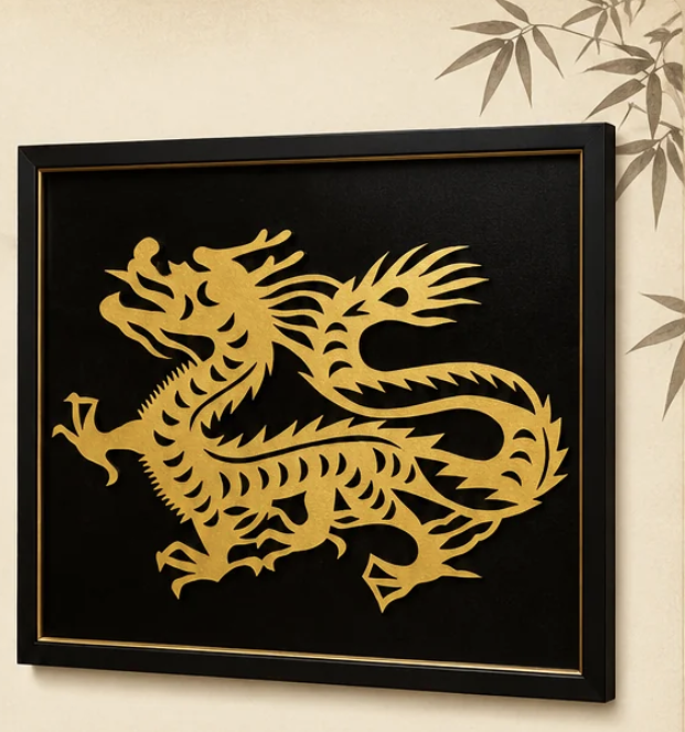 Qingdao Guya Handcrafted Red Xuan Paper Cut-out: Cartoon Chinese Zodiac Dragon, Golden Dragon Feng Shui Window Decoration
