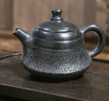 Iron-effect black pottery ‘Health Tea Pot’
